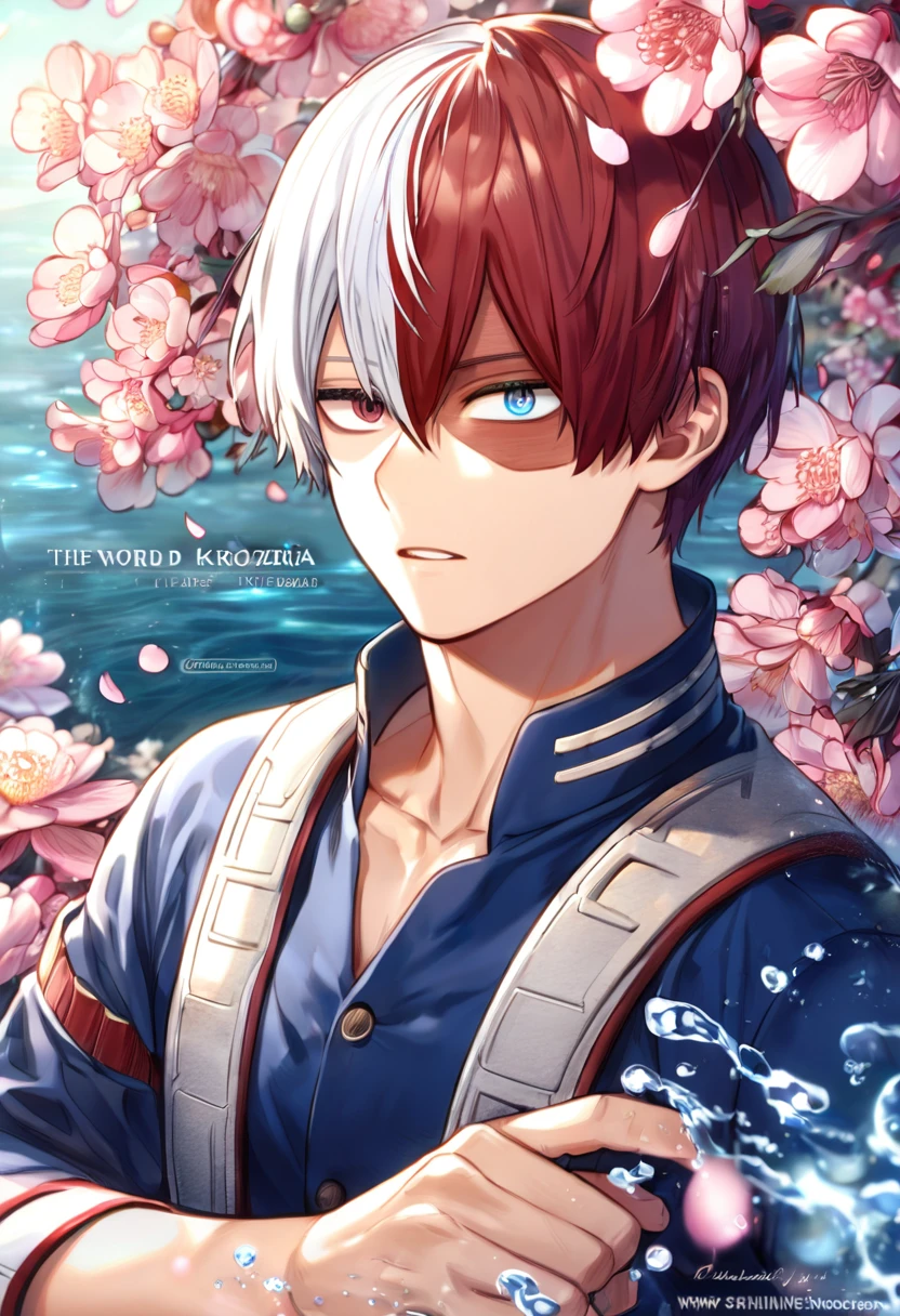 Ultra detailed, highres, absurdres, HDR, master piece, Todoroki Shouto, bicolor hair, right side is white, left side is red, heterochromia, right eye is grey, left eye is blue, Boku No Hero Academia, fantasy, pink petals, water, pink flowers, handsome, sexy man, solo, best quality, blossoms, blue shining fireflies, blue clothes, magical, the word "Krozeria" is written on his shirt,