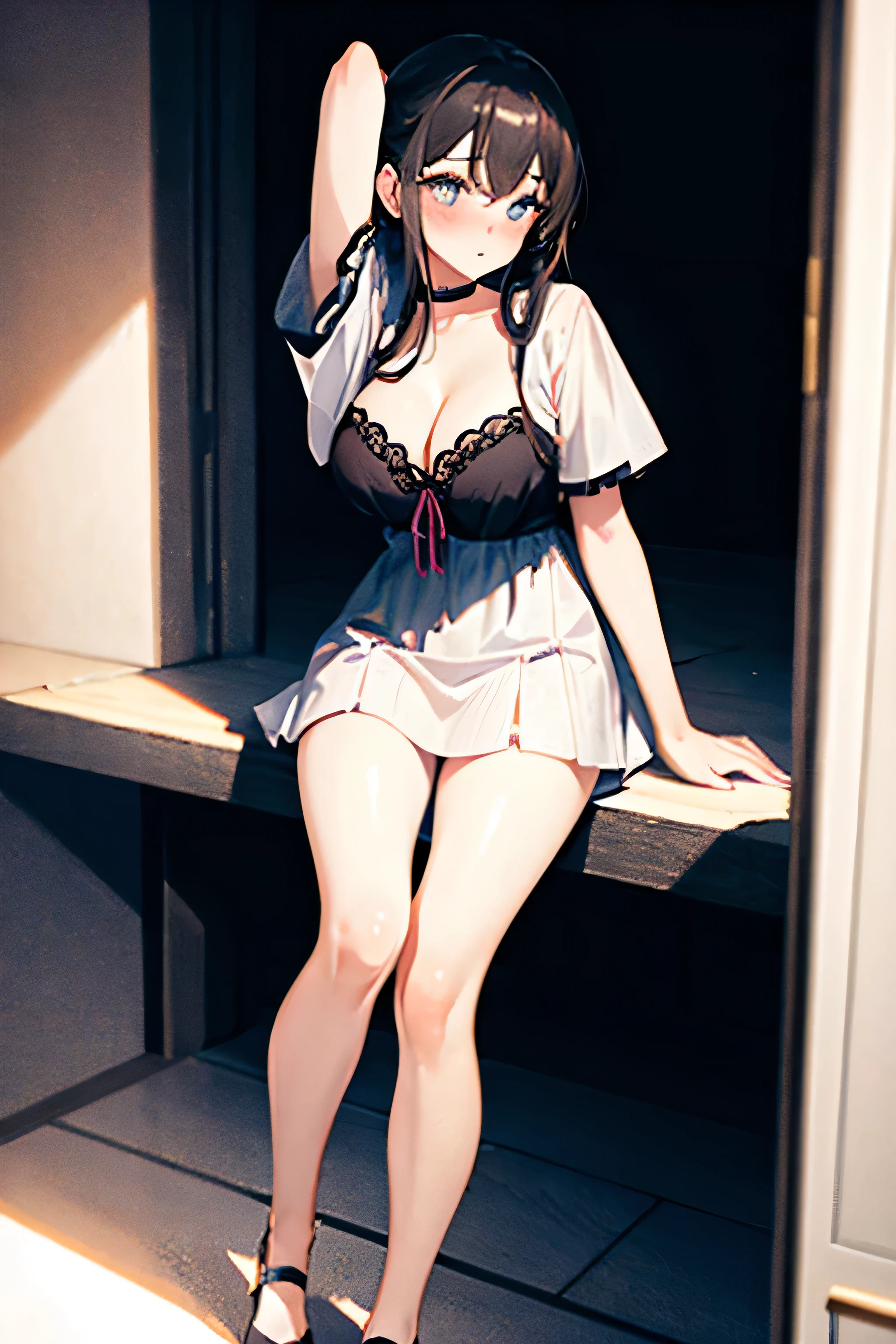 masterpiece, best quality, detailed, High resolution illustrations, ta,A girl,White,Showing off long legs,blush,shy,Gray-blue pupils,Low saturation,Cleavage,