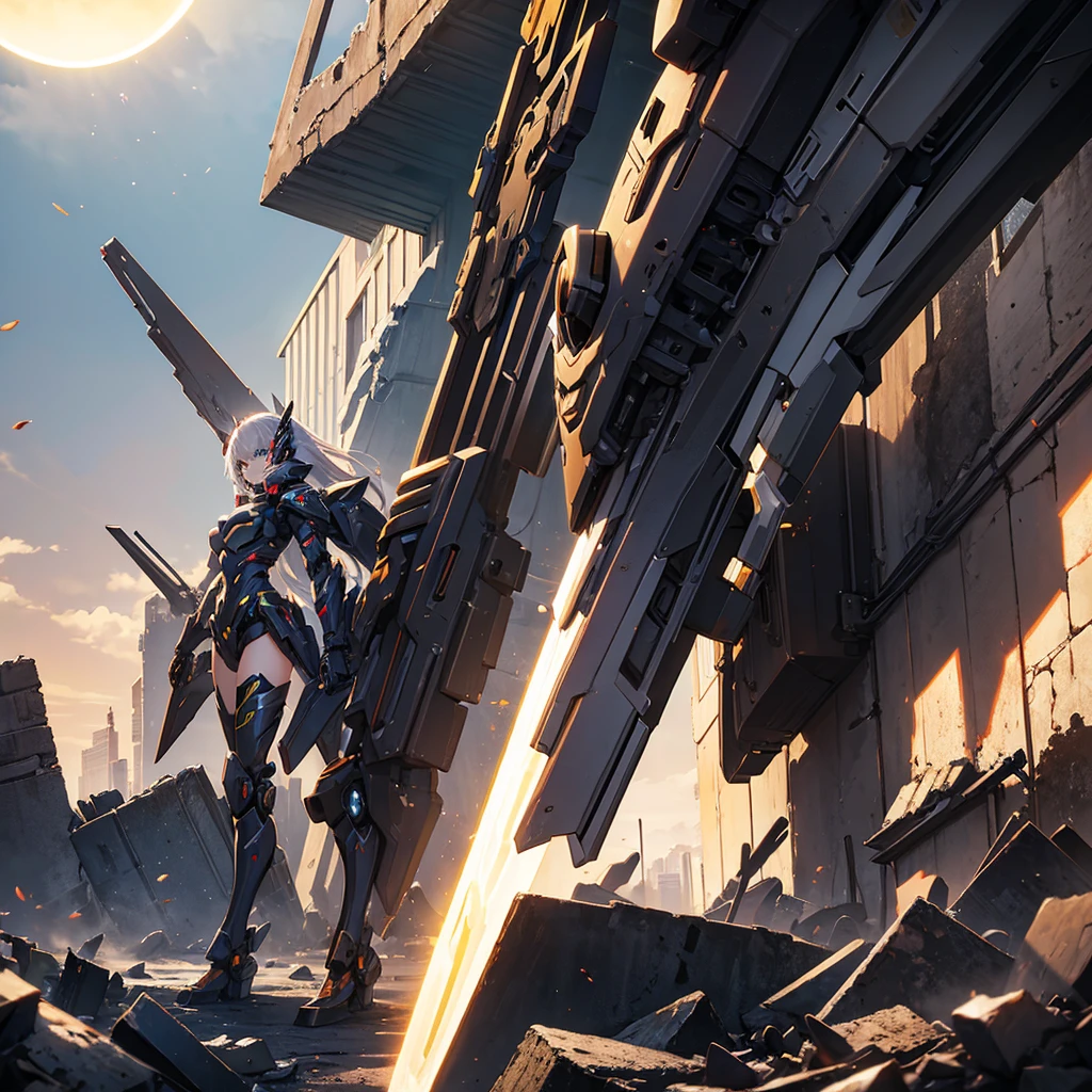 female mecha angel, in black armor, in a destroyed city with an eclipse in the background