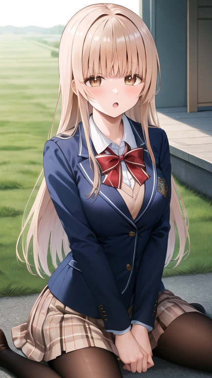 masterpiece, best quality, highres, aamahiru, long hair, red bowtie, blue jacket, blazer, long sleeves, plaid skirt, brown skirt, pantyhose, wariza, :o, field
