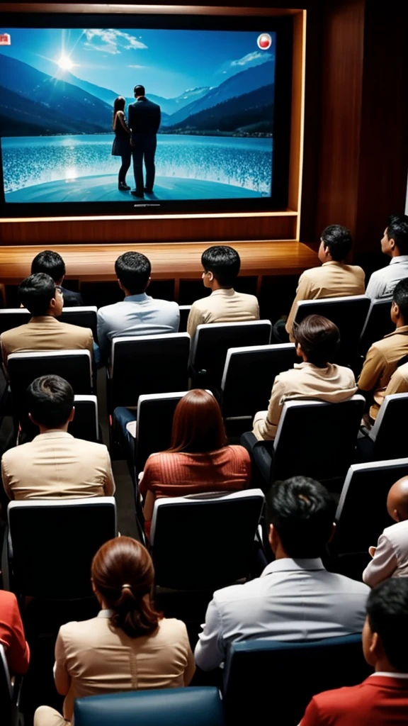 A group is attending a meeting,There are people on stage who are wearing sportswear to give a speech,affectionate,There were 30 people sitting in the audience and listening,meeting room,(Chinese faces),(meeting room)k hd,the detail,applaud,cheer,Mob,stage,lamplight,Extremely clear picture book，Master composition，Perfect image quality(Overlooking)