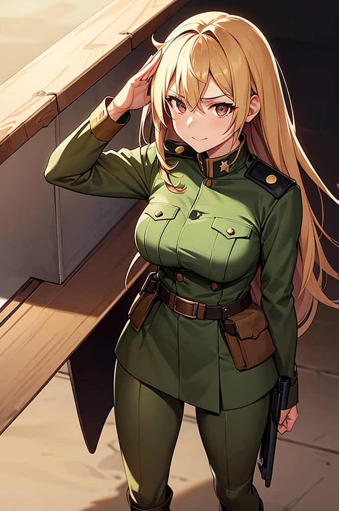 Content: An anime woman in a military uniform. She has dark brown eyes, tanned skin, blonde hair that ends halfway down her back, and military boots. Her military uniform has themes of brown to reflect the desert background, and she carries binoculars. Her appearance is loosely inspired by Erwin Rommel. She wears a confident smile, looking very mature, with her hands on her hips. Medium: Digital art, anime illustration. Style: Pixiv contest winner, fine art, with elements inspired by historical military aesthetics and anime character design. Lighting: Dramatic, with strong contrasts to highlight her authoritative presence and the details of her uniform. Subtle shadows to add depth and realism. Colours: A palette dominated by military greens, browns, and blacks to reflect the desert environment. Composition: A full body shot. She salutes to the camera, showcasing her confidence and authority.