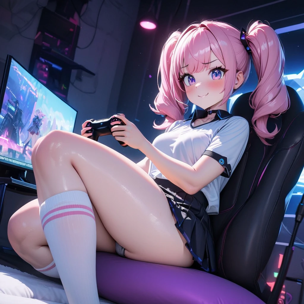 masterpiece, highly detailed, 8k, night time, neon gaming cave, adorable short haired American gamer girl sitting on a bean bag, cute face, holding a playstation game control, showing panties, sexy panties, looking at the monitor, Twitch streamer, camgirl, very short skirt, fit, gorgeous, sexy, 23 year old, over the knee socks, pink hair, messy twin tails, (dynamic pose), (dynamic angle), panty shot