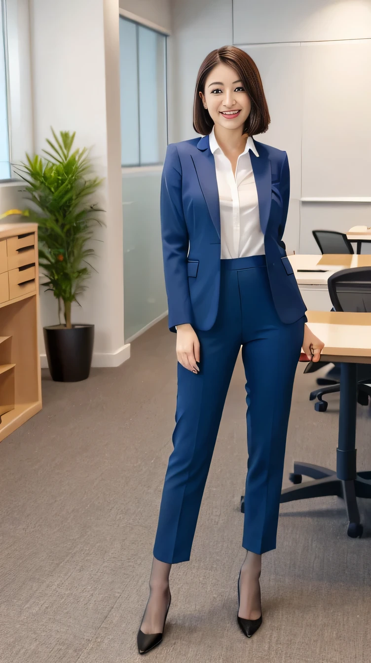 Highest quality:1.2), (Realistic,photo-Realistic:1.4), RAW Photos, High resolution, Very detailed, Intricate details, short hair、ear piercing、smile、Black Hair, (Front view, ), Clear beauty, Standing in office room, (whole body,:1.5), , (High quality fabric, Office Lady Suit Pants Style、Light pantyhose:1.2), fine grain, Detailed face, indoor,
