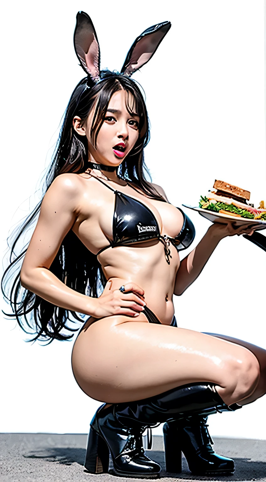 table top,,Awards - winning photos, very detailed, focus the eyes clearly, nose and mouth,face focus, ((Bunny girl))、25 years old,black haired、symmetrical face,realistic nostrils、angle from below、elongated C-shaped nostrils,,,,,,,,,,,,,,,,,,,,,,,,,,,,,,,,,,,,NSFW,white background、Lighting that emphasizes the skin that shines with sweat、((hook nose))Skin shiny with sweat、shiny skin、(wet and shiny tongue), very larg breasts, (each breast larger then her head, ) black bikini, full body photo, wide bips, thick thighs, round booty, very tight bikini, chains, skin tight, (((closed mouth full of food))) bigger , on her knees looking up way bigger , mouth full of food, thicker thighs, goth boots (((face stuffed with food)))