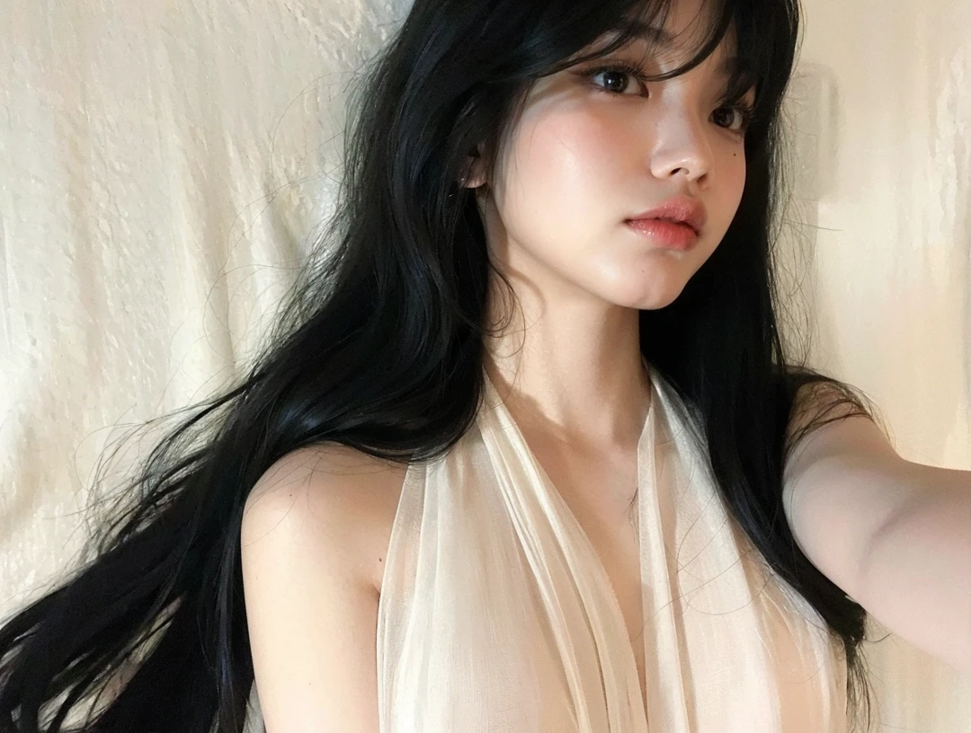 Jennie kim, black hair, messy and lazy, full lips, doll lips, large eyes.