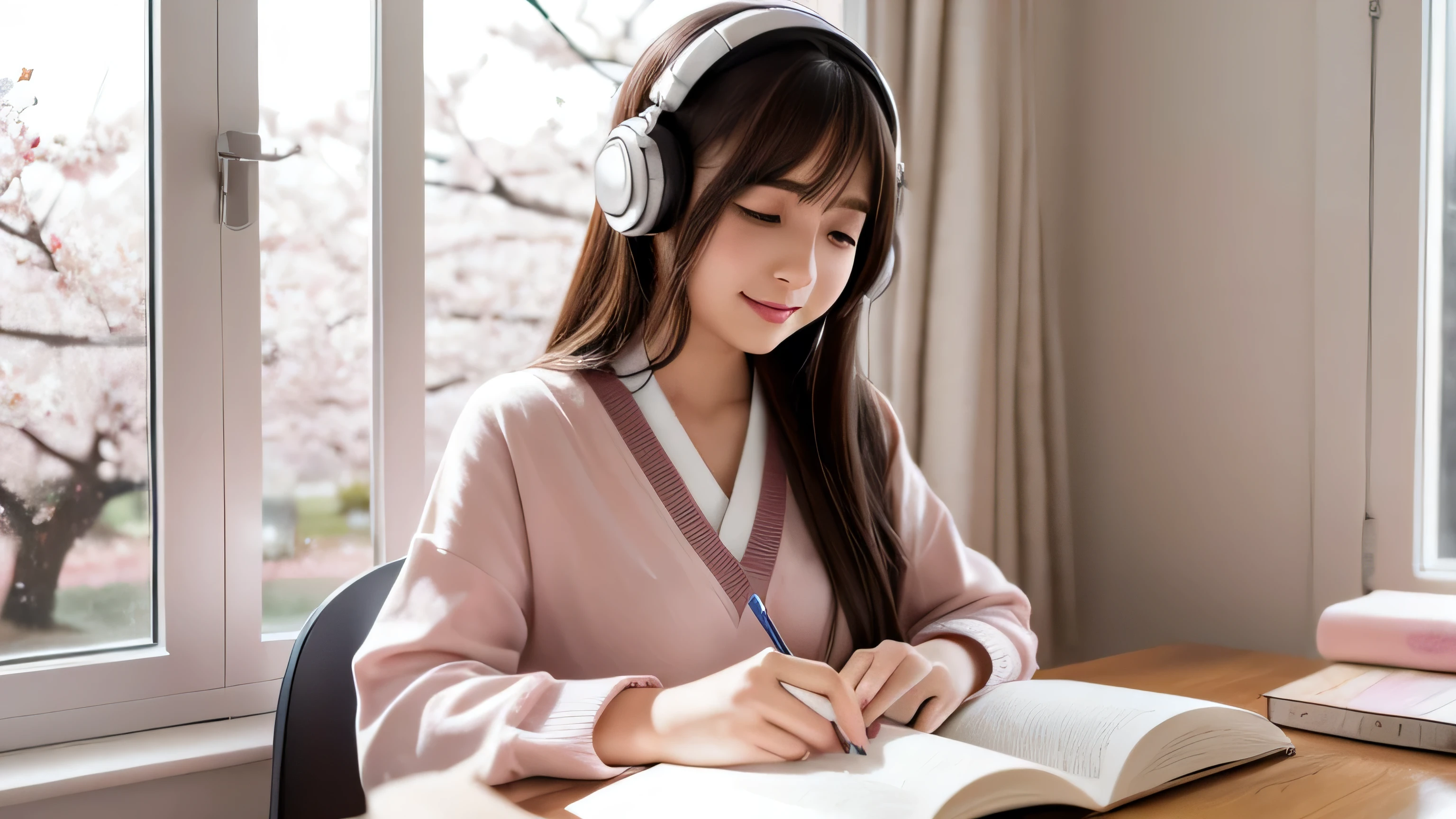 Beautiful girl studying in her room while listening to music with headphones　Warm lighting　Outside the room, cherry blossoms are blooming　Japanese anime style
