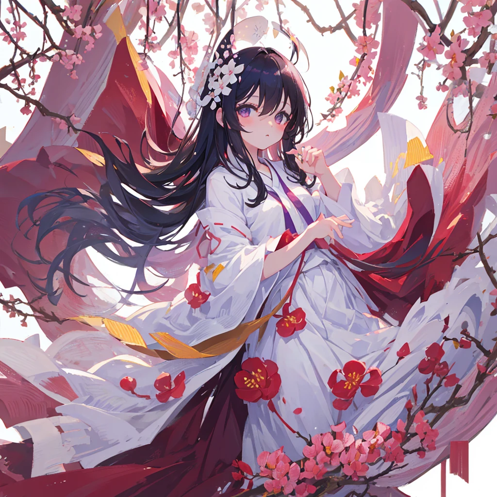 A loli,Plum blossoms in hand,White tint,((Pure white background))