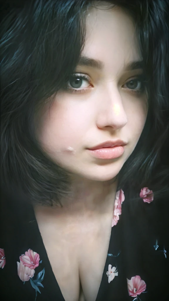 there is a woman in a black shirt and a pink flowered dress, 🤤 Portrait of a girl, small lips, sharp nose, beautiful gentle face, pale round face, close-up portrait from frontal view, plump face, close-up portrait from frontal view, piercing gaze, semi-realistic render, scars on face, cute face. Dark Fantasy, mole on cheek