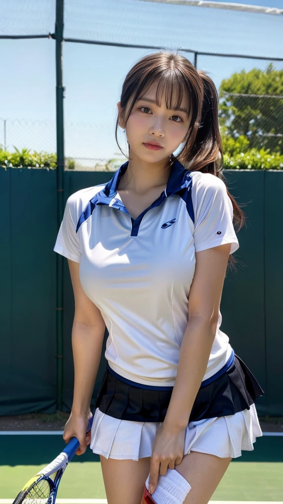 masterpiece, best quality, illustration, Super detailed, fine details, High resolution, 8K,wall paper, perfect dynamic composition, front view, standing, leaning forward, 18 year old girl, tennis player, Gravure Idol, cute type, (Details High quality, realistic depiction of eyes:1.3), large breasts, low ponytail, black hair color, Dark makeup, Big Natural Color Lip, thick thighs, perfect body shape, plump figure, large hips, beautiful clavicle, white tennis uniform, short sleeve, shirt, skirt, socks, tennis shoes, depth of fields, natural lighting