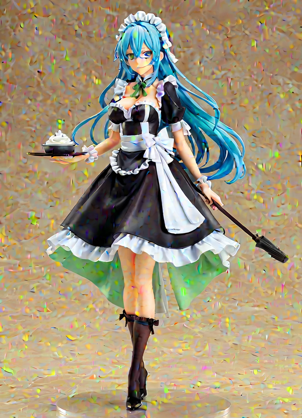 garota de anime estilo action figure demon slayer, dark skin and blue hair with white streaks, greeneyes,long black maid outfit, look a little irritated, 