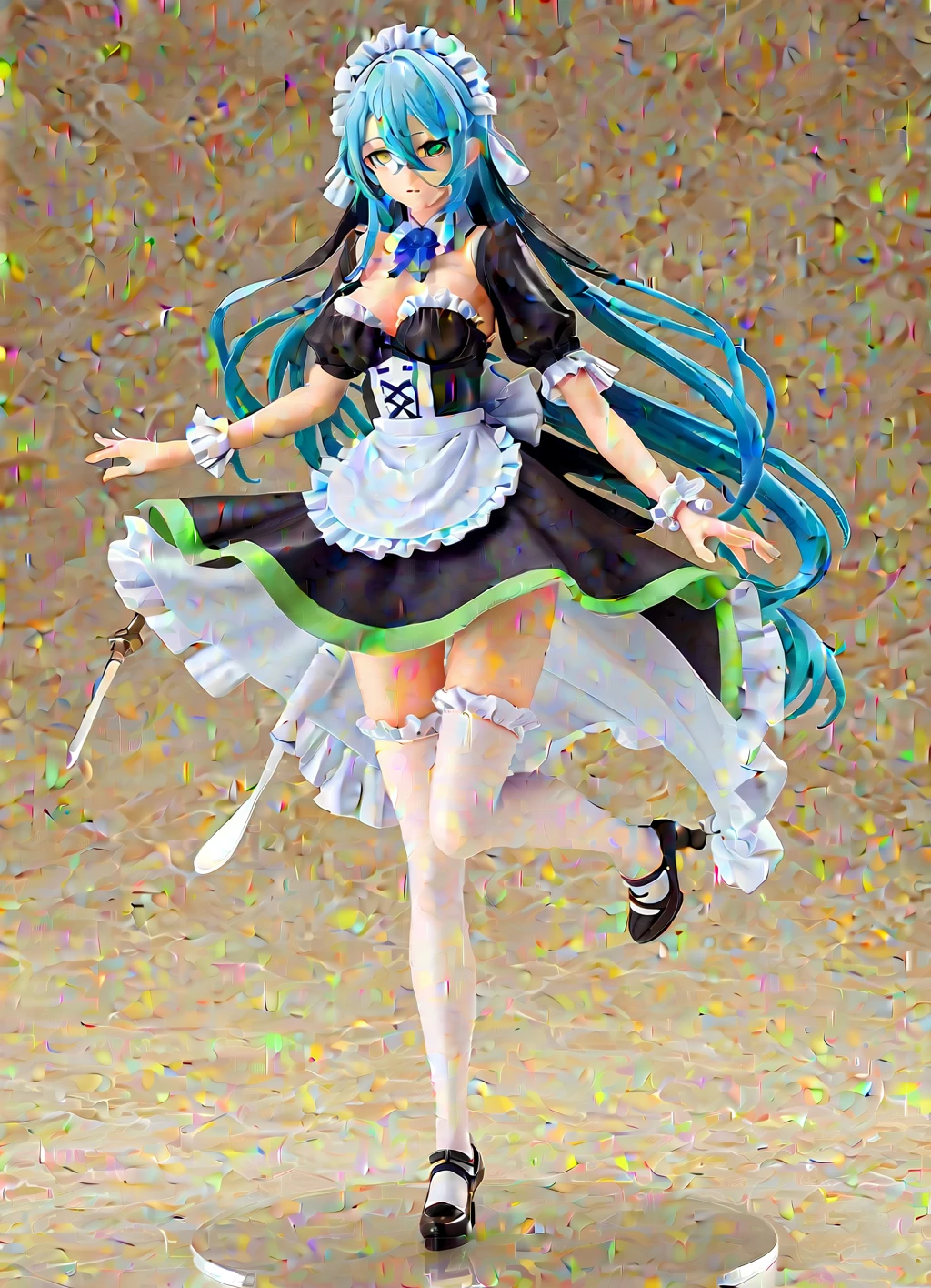 garota de anime estilo action figure demon slayer, dark skin and blue hair with white streaks, greeneyes,long black maid outfit, look a little irritated, 