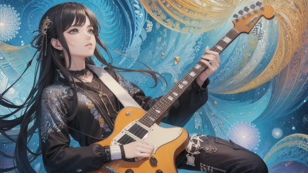 (masterpiece, Highest quality, Highest quality, Official Art, beautifully、aesthetic:1.2), (Rock guitarist、Solo Play), Very detailed,(Fractal Art:1.3),colorful,Most detailed