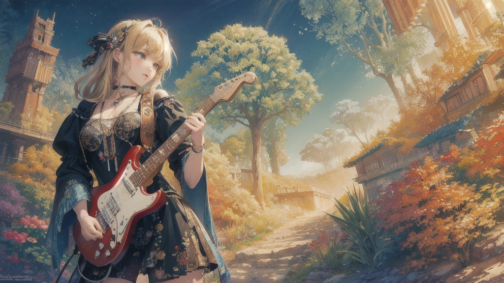 (masterpiece, Highest quality, Highest quality, Official Art, beautifully、aesthetic:1.2), (Rock guitarist、Solo Play), Very detailed,(Fractal Art:1.3),colorful,Most detailed