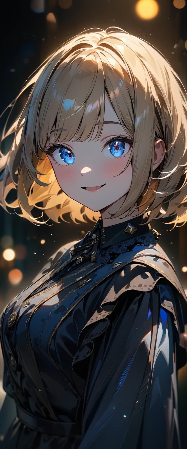 (((One girl))), Shibuya, blond hair, bob cut, ((upper body)), (looking at viewer), breasts, ager, head tilt:1.3, (((blue eye))), constricted pupils, (from side:1.3), reaching, ((happy smile)), gothic loli.3, anime style, (best quality, 4k, 8k, highres, masterpiece:1.2, ultra-detailed, ultra-detailed eyes, HDR, UHD, studio lighting, ultra-fine painting, sharp focus, physically-based rendering, extreme detail description, professional, vivid colors, bokeh)