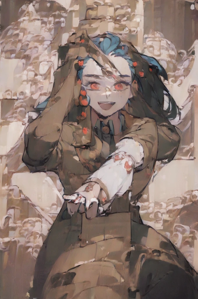 masterpiece, best quality, anime, highly detailed eyes, highly detailed face, (Male), man, masculine, muscular, , uniform, brown and black uniform, excited, fighting stance, high quality, simple background, smiling, sharp eyes, dark red eyes, deep blue hair, fighting position, guy, dude, tall, long hair, blue hair, dark blue hair, solo, ((masterpiece:2.3)).
