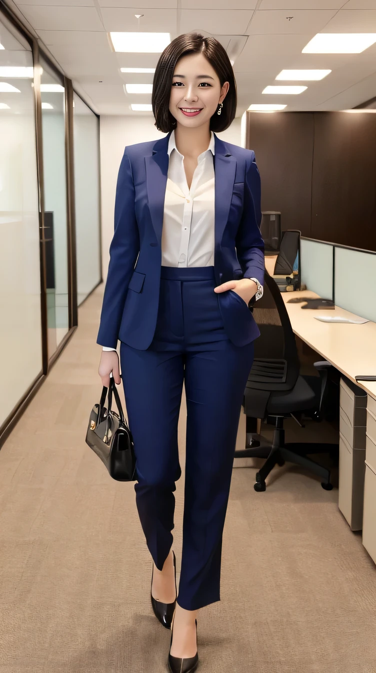 Highest quality:1.2), (Realistic,photo-Realistic:1.4), RAW Photos, High resolution, Very detailed, Intricate details, short hair、ear piercing、smile、Black Hair, (Front view, ), Clear beauty, Standing in office room, (whole body,:1.5), , (High quality fabric, Office Lady Suit Pants Style、:1.2), fine grain, Detailed face, indoor,

