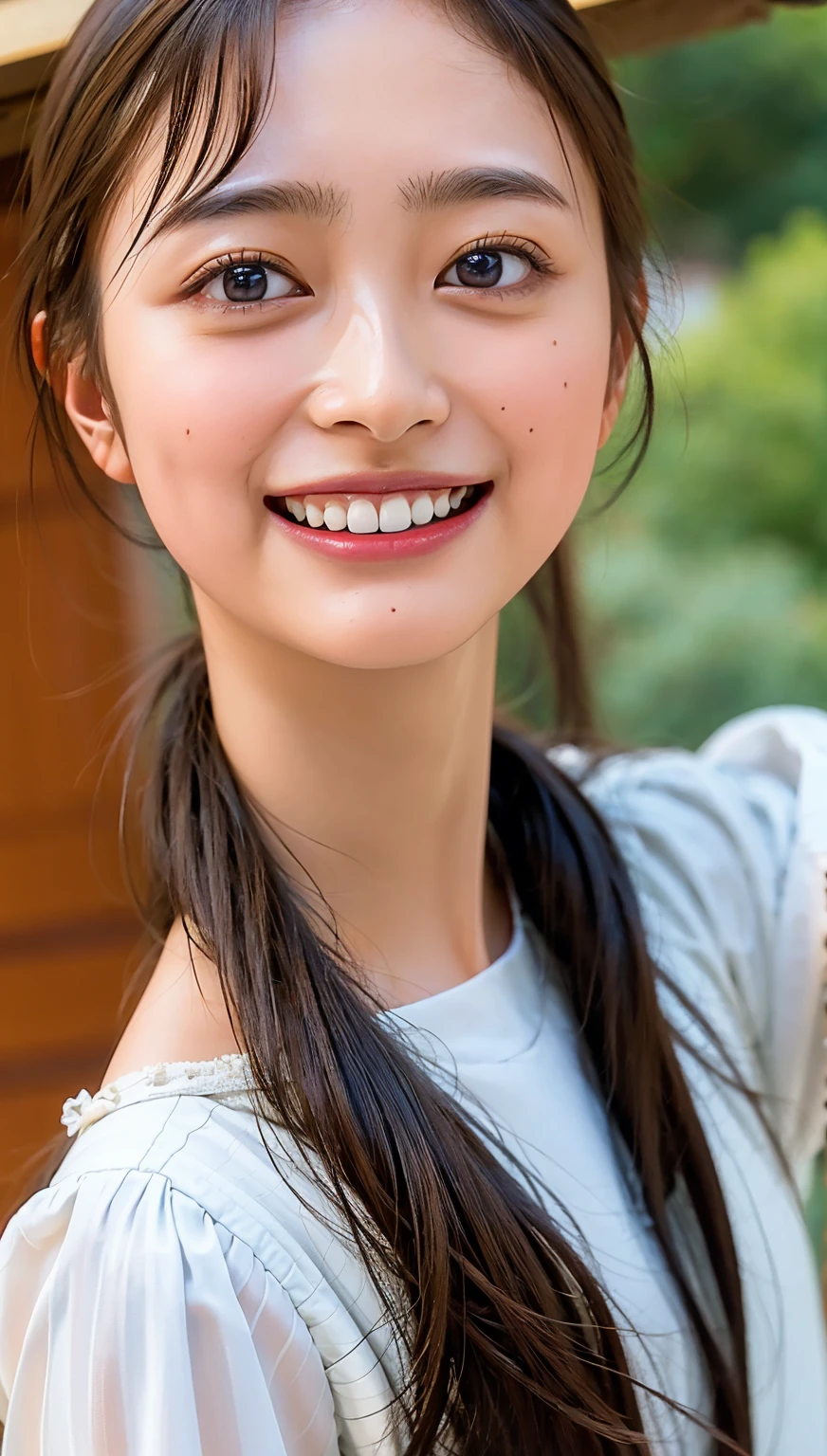 cowboy shot,Ultra-high resolution,big eyes,(brown eyes),Japanese,(forehead),(a girl),(1 girl),(()),((cute)),pretty,((facing at viewer)),arms behind back,grin,outdoor