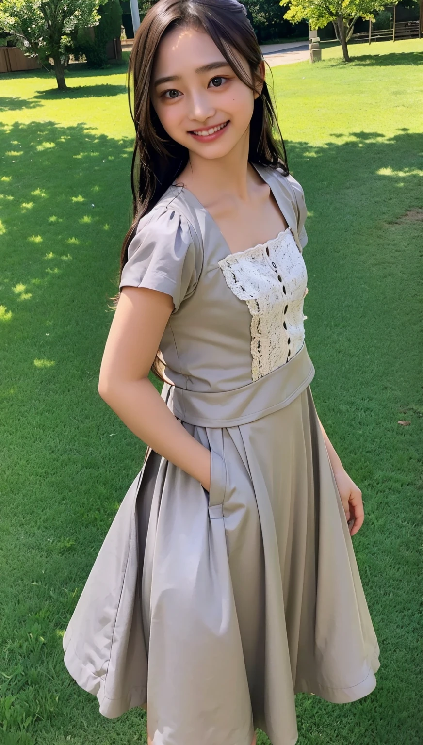 cowboy shot,Ultra-high resolution,big eyes,(brown eyes),Japanese,(forehead),(a girl),(1 girl),(()),((cute)),pretty,((facing at viewer)),arms behind back,grin,outdoor