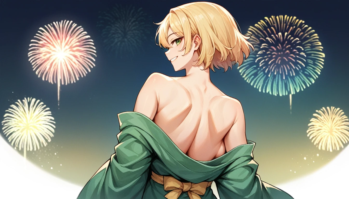 score_9, score_8_up, score_7_up, source_anime, from behind, solo, 1girl, odelschwanck, smile, looking back, green kimono, off shoulder, bare shoulders, backboob, Fireworks