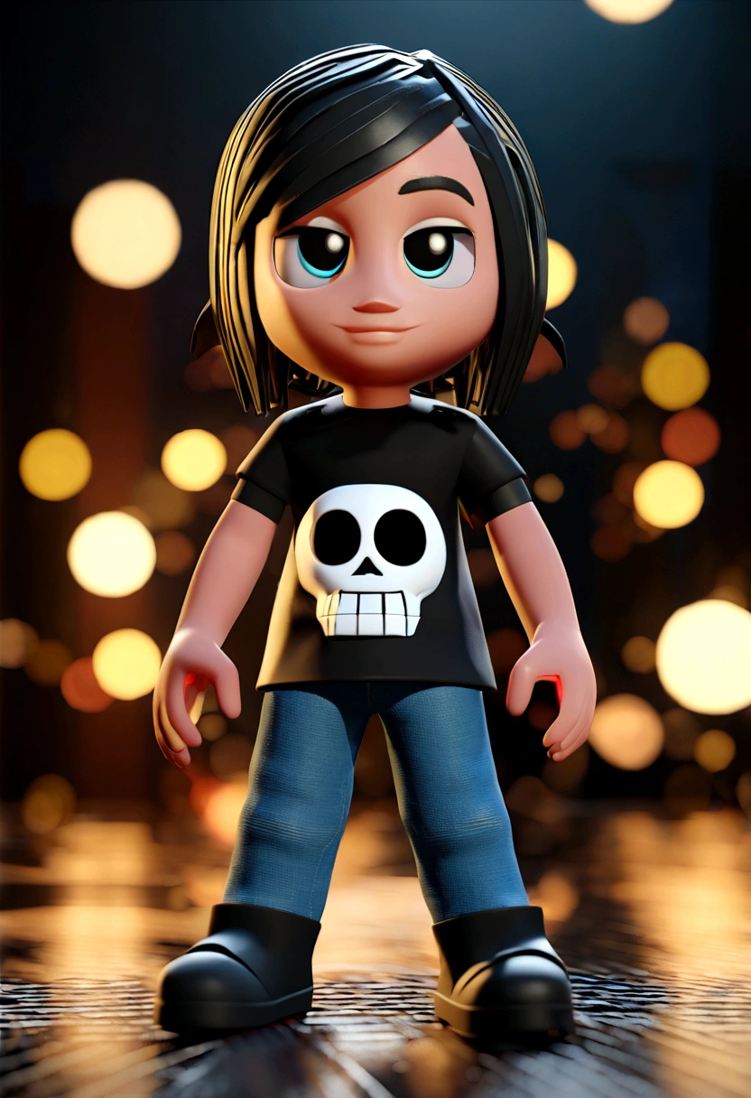 disney pixar style cartoon character, White girl, slim, with a serious and fixed look, straight black hair, eyes black, retracted lips, big square glasses, black t-shirt with a skull design and jeans, boot. in a ager's room. Stylized 3D rendering, toon render screenshot, 3d character, 3d character, Stylized 3D rendering, 3D character rendering, cartoon character, Personagem de close up, character posing, (Pixar-style) (master part:1.2) (bokeh) (best qualityer) (skin detailed) (detailed texture) (8K) (Argilla) (cinematic lighting) (sharp focus
