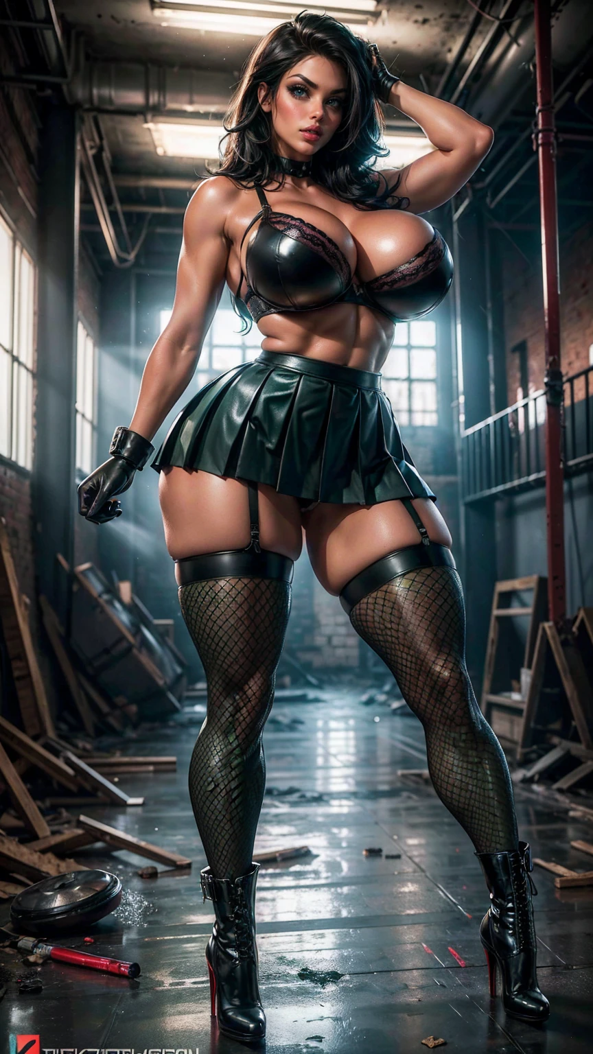 (best quality,highres:1.2), (ultra-detailed), (realistic:1.37), (HDR,UHD), (physically-based rendering), (curvy Denise Milani), ((black leather pleated skirt:1.3)), ((black leather bra:1.3)), ((short stiletto-heeled combat boots)), (stylish jet-black hair), ((firm breasts, deep cleavage, perfectly round breasts)), ((thicc, thick thighs:1.5)), ((beautiful large green eyes):1.3), (intimidating pose in an abandoned factory), (full-body portrait), (vivid colors), (fishnet stockings, thighhigh fishnet stockings:1.3), stylish black leather gloves, (hot red lips, makeup:1.3), sexy fighter, prominent breasts, rock solid breasts, perfect firm round butt, (full body portrait:1.3), big_boltedontits, boltedontits, th3p1t, sakimichan,