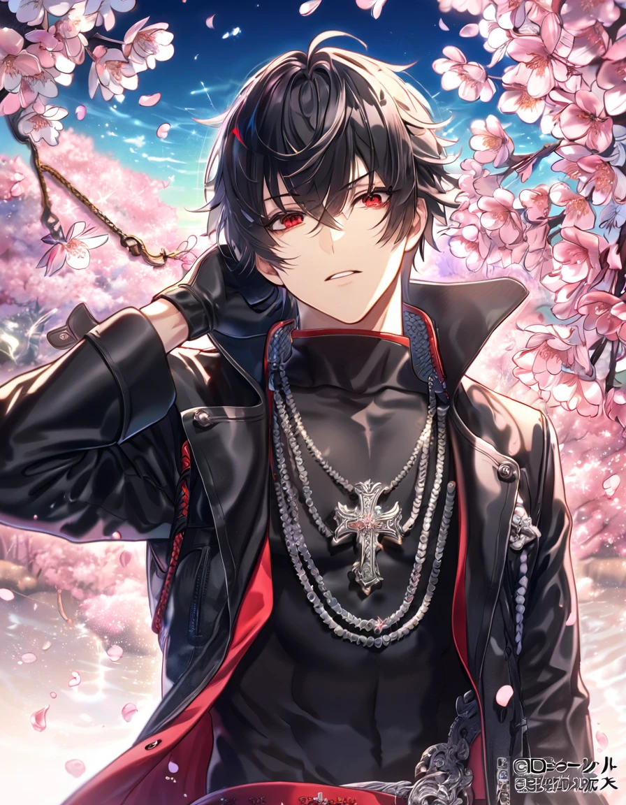 absurdres, highres, ultra detailed, HDR, master piece, best quality, Shiki, black hair, expressive red eyes, Togainu No Chi, solo, sexy man, handsome, black leather coat, black tight shirt, black gloves, silver cross necklace, fantasy, shining, water, pink flowers, blossoms, magical, pink petals