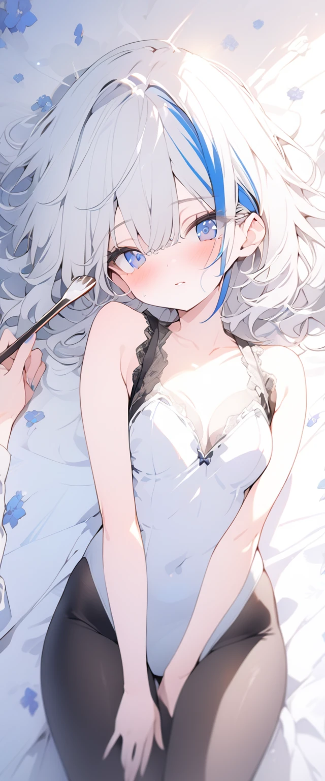 beautiful, masterpiece, Highest quality, anime, One girl, C Cup,Portrait Shot, View your viewers, Covered、Medium Hair、nearby、Blue Eyes、art、、White hair,Blue streaked hair、wallpaper、Stirring face、Thighs、Cute、bed、white_Body stockings、valley、Lying on your back、