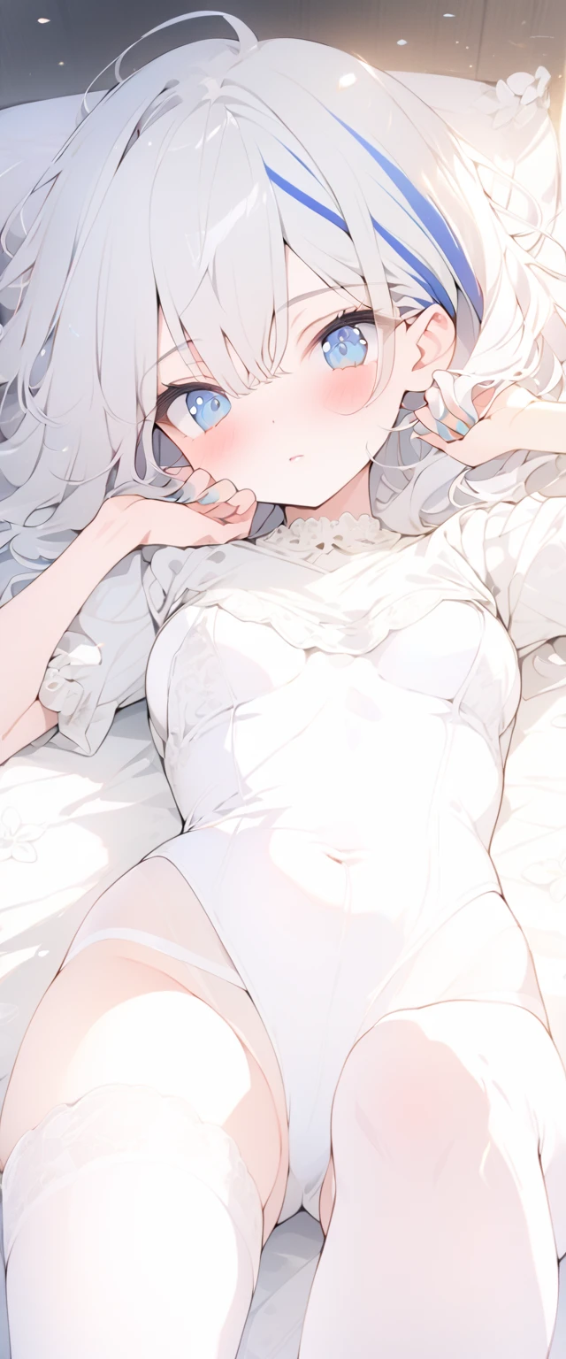 beautiful, masterpiece, Highest quality, anime, One girl, C Cup,Portrait Shot, View your viewers, Covered、Medium Hair、nearby、Blue Eyes、art、、White hair,Blue streaked hair、wallpaper、Stirring face、Thighs、Cute、bed、white_Body stockings、valley、Lying on your back、