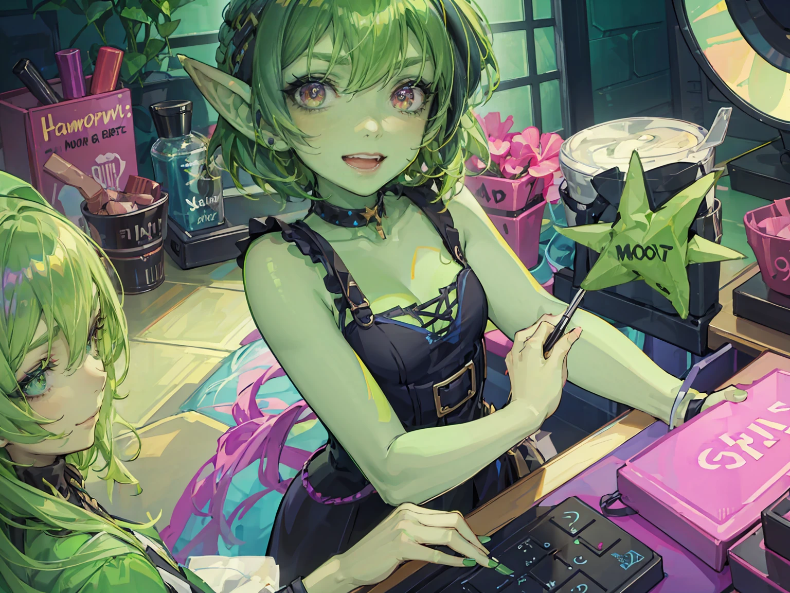 1 girl, short hair, green goblin girl, green skin, small pointy ears, (rainbow hair), wearing awesome clothes, smiling, makeup streamer, livestreaming, makeup tutorial, ring light, at her computer, doing her makeup, wearing makeup