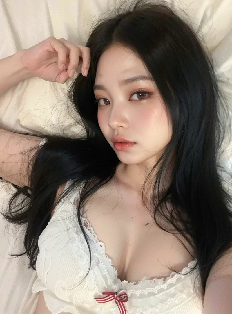 Jennie kim, black hair, messy and lazy, full lips, doll lips, large eyes. 