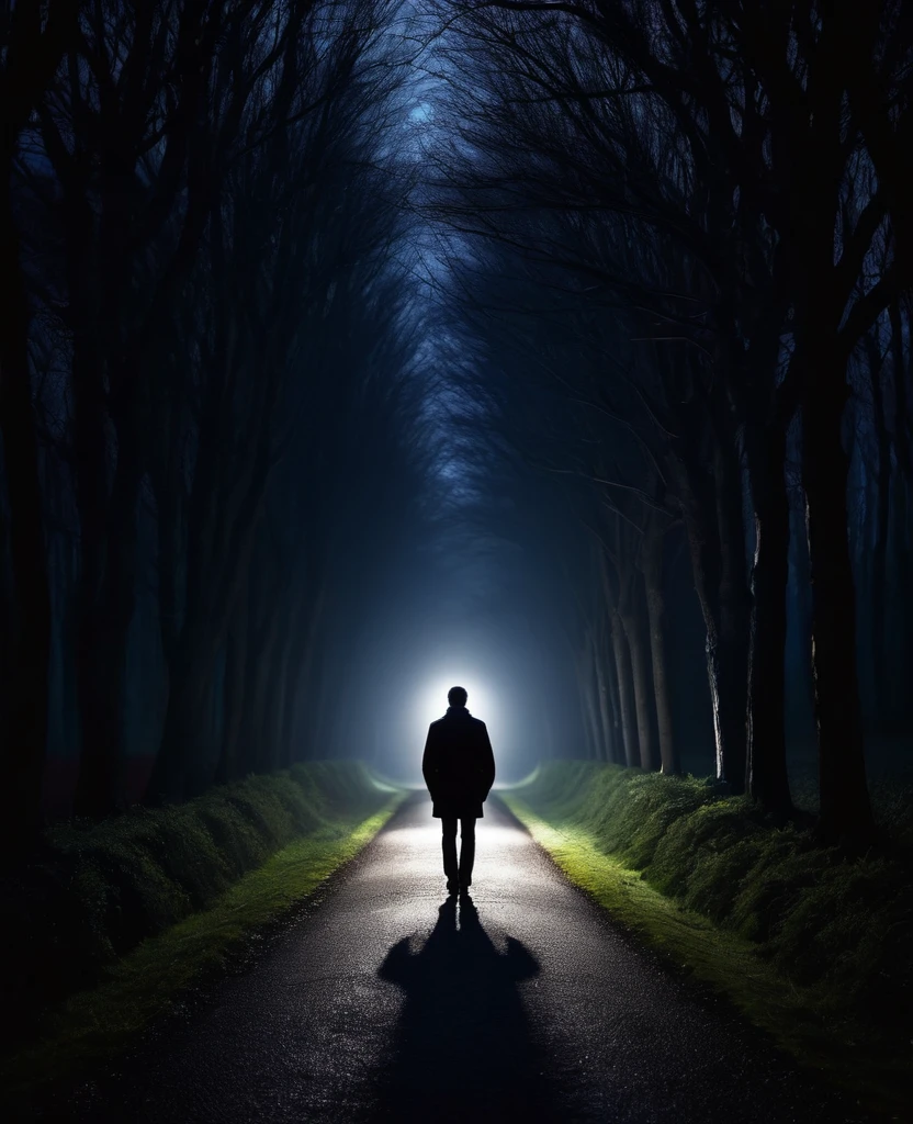 Man in dark place , long road , light in the end of the path , alone , back view , too dark , night