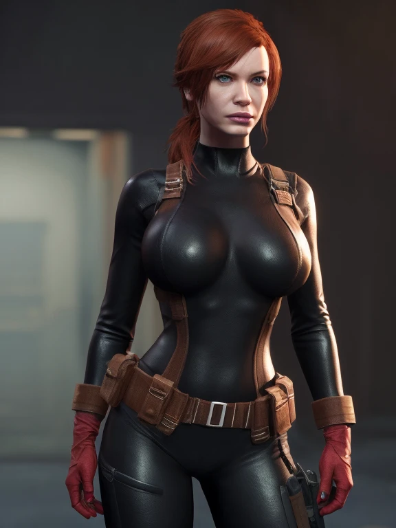Christina Hendricks as an action hero, alluring 48 year old woman, High-quality facial research of Christina Hendricks, (Christina's sculpted cheekbones and slight wrinkles around the face), High-quality detailed research of Christina Hendricks voluptuous figure. Fingerless Gloves, skin-tight black leather suit, utility belt, goggles. Whole body, Casual pose, Beautiful pose, (Extremely detailed CG 8k wallpaper), (Extremely delicate and beautiful), (Masterpiece), (Best quality: 1.0), (Ultra-high resolution: 1.0), Beautiful lighting, Perfect lighting, Realistic shadows, [high resolution], Detailed skin, Super detailed (((Colorful))), Digital art, metal gear solid concept art, full body concept art, Expert concept art with high detail, concept-art, stealth game concept art, concept-art, Yoji Shinkawa style, Video game concept art, 4K, full body portrait
