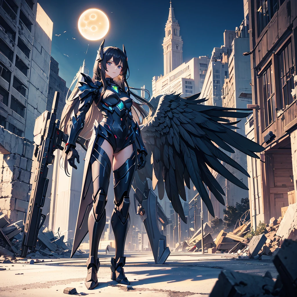 female mecha wings of angel, in black armor, in a destroyed city, the night, with an eclipse in the background