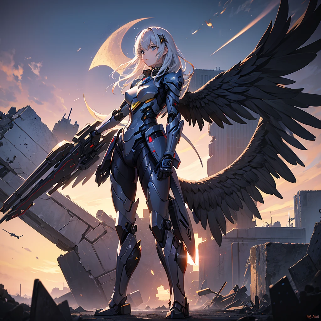 masterpiece, Highest quality, Highly detailed face, Sharp details,
Backlight, High Contrast, blue shadow, View from below the camera, Fisheye Camera,
girl, Long white hair, White Dress, Transparency,
Small breasts, robot_joint, Mechanical_parts, Hard Surface:2, 4K Unity, Gold decorative ring on top, thigh, , Black Panties,
Black bodysuit, Blood, Red cable, Mecha Angel Feather,
Outdoor, Night Sky, Depth of written boundary:1.5, Hello, Lens flare, Glare Light, Very intricate details,