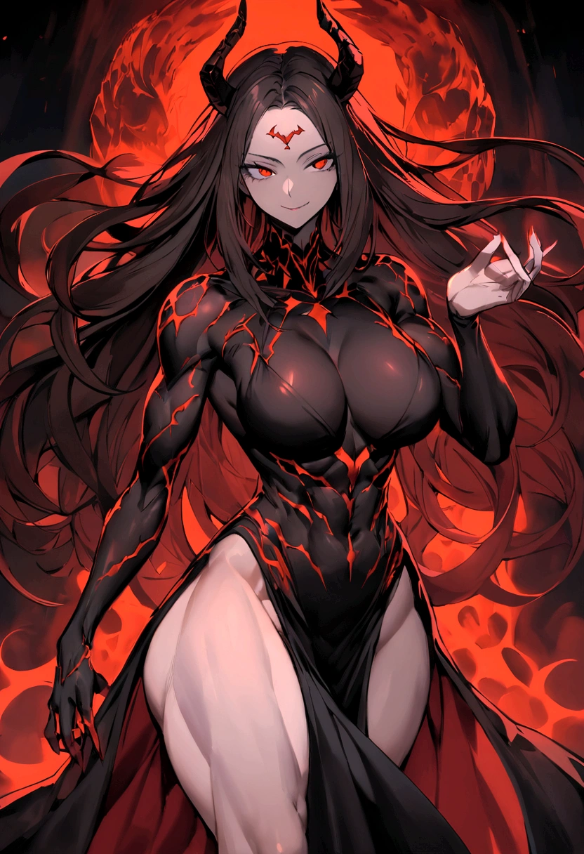 I want you to create the image of a woman, she has long dark hair and two dark horns on her forehead, red eyes and dark pupils, its entire body is covered in darkness with small red details, she has a toned physique with voluminous thighs and large pecs, Your whole body is covered in darkness, except your pale face, She is strong and slender, do it by stretching your hand forward showing the. Palm of your right hand, She has a dark and red shadowy aura over her body and also a devilish smile on her face., body completely covered in dark energy except his pale face