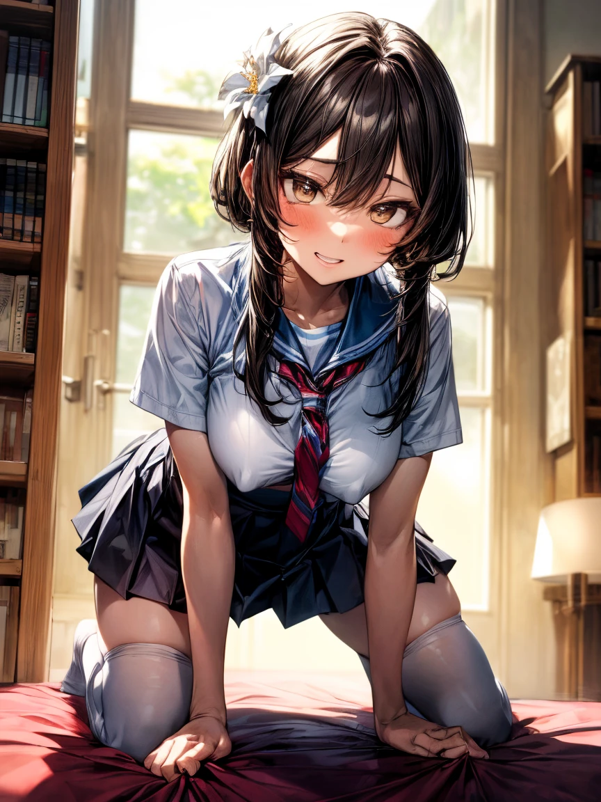 (High School Uniform:1.5)、(Spread your legs)、(Rich color expression)、(Big Breasts)、8K resolution、 masterpiece、((Highest quality))、Anatomically correct、The girl is alone、(I narrowed my eyes a little.:2)、(Flower Hair Ornaments)、(tie)、(ribbon)、(Check long skirt:1.3)、((Hasselblad Photos))、[:(Detailed face:1.2):0.2]、(On all fours)、(Grin)、(library)、(Knee socks:1.3)、(Nipples show through clothes)