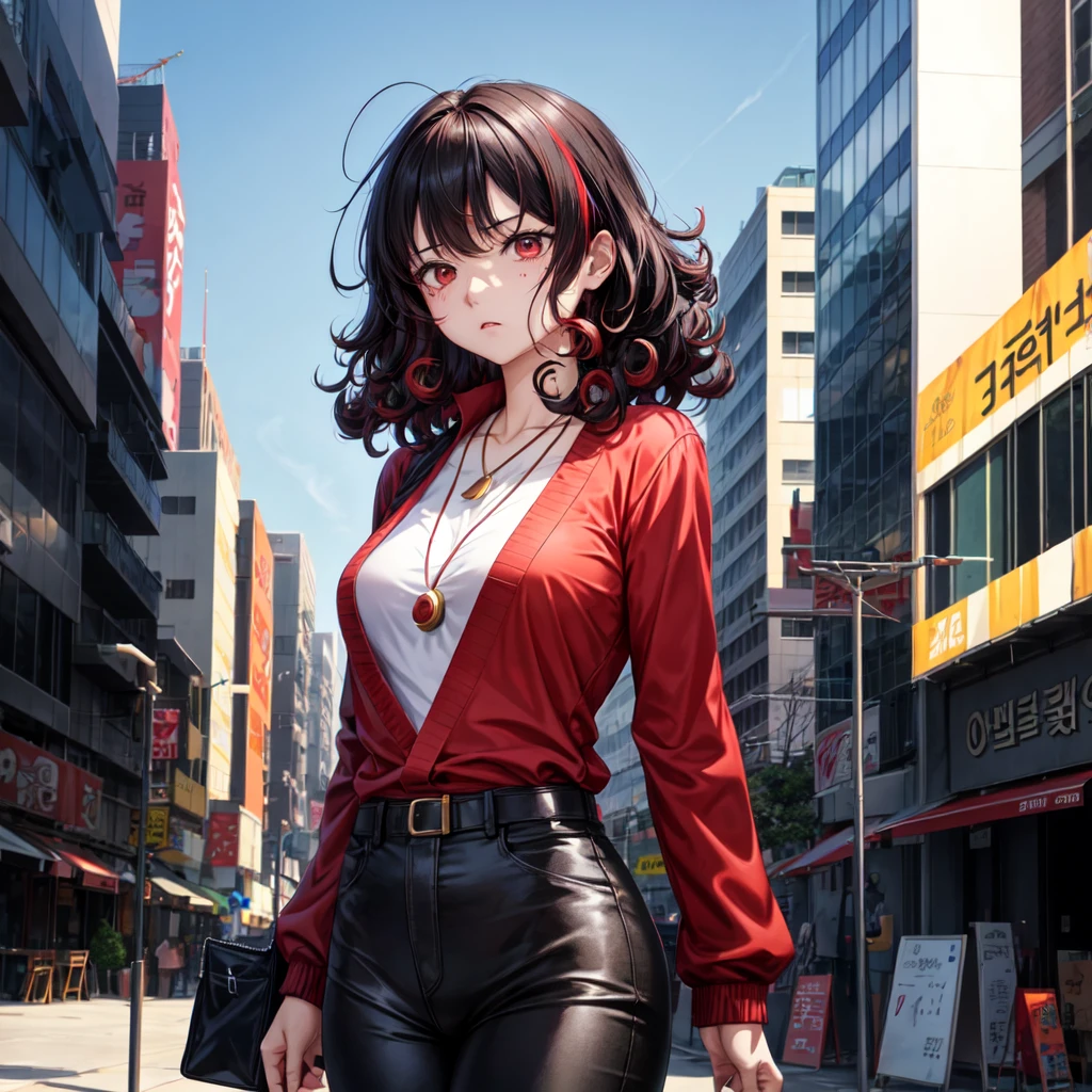 anime panel,upper body, 1girl solo, adult, Korean, black hair,curly hair, with red highlights , red slanted eyes, spy clothes, necklace, city background , expression of pain, bleeding bruises,