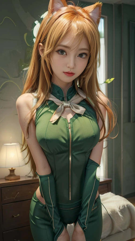((A girl in a green tight suit)), Cat ear, I also make fan art, Enchanting girl, Blonde girl with long hair, Asuka Langley sohryu, Cute girl anime visuals, Asuka Langley soryu, Attractive girl, Asuka Langley, Female Anime Characters, Asuka Langley souryuu, portrait of Asuka Langley soryu, (Beautiful breasts:1.2, Upward bust:1.3, Nice bust line:1.2), ((cameltoe)), Narrow waist, Small beautiful butt, Tight waist, ((Wink)), (Highest quality, 8K, masterpiece:1.2, RAW Photos), ((Detailed eyes and face:1.2, Professional photography techniques, Cinema Lighting)), Ultra-detailed, (Detailed hands and arms)