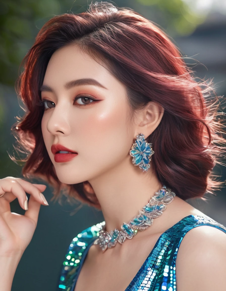 (masterpiece:1.3), (extremely intricate:1.2), (extremely delicate), (Hyper realistic photo:1.3), (modelshoot style), extremely detailed, 16k wallpaper, UHD, HDR, RAW photo, dslr, puffy lips, long diamond earrings, (Japanese beauty Japanese mixed:1.2), (realistic skin:1.4), (sweaty:1.1), thick thighs:1.1, narrow :1.1), (Crimson Red hair, voluminous 80 big hair:1.3), emerald green eyes, red eyeshadow, red lips, mouth open, eyes_smile, (holographic iridescent metallic short blue latex dress:1.6), (sunlight_on_front_face:1.3), makeup, ultra detailed irises, perfect eyes, perfect face, detailed face, (A picture of a woman and hotel:1.5), (distant full body:1.5), view from behind
