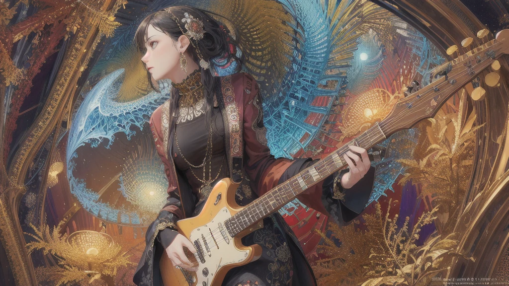 (masterpiece, Highest quality, Highest quality, Official Art, beautifully、aesthetic:1.2), (Rock guitarist、Solo Play), Very detailed,(Fractal Art:1.3),colorful,Most detailed