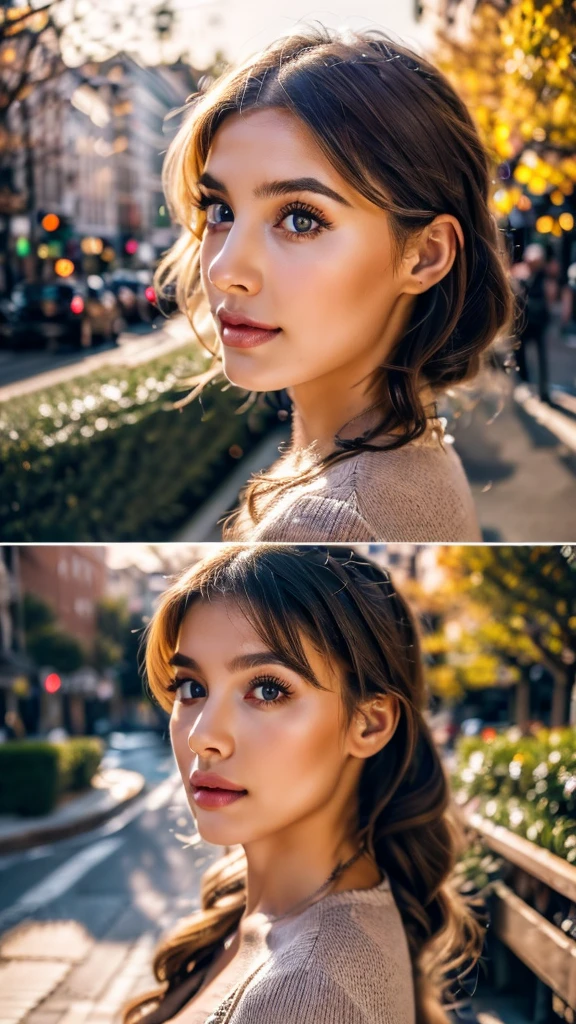 beautiful young woman, cute girl, beautiful detailed eyes, beautiful detailed lips, extremely detailed face, longeyelashes, cinematic lighting,soft natural lighting, peaceful city street, cityscape, intricate details, delicate features, vibrant colors, warm color palette, (best quality,4k,8k,highres,masterpiece:1.2),ultra-detailed,(realistic,photorealistic,photo-realistic:1.37),highly detailed, cinematic composition, beautiful scenery, urban landscape, detailed architecture