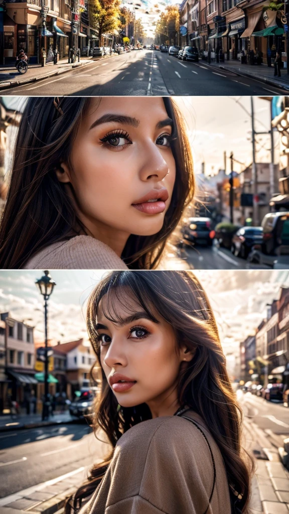 beautiful young woman, cute girl, beautiful detailed eyes, beautiful detailed lips, extremely detailed face, longeyelashes, cinematic lighting,soft natural lighting, peaceful city street, cityscape, intricate details, delicate features, vibrant colors, warm color palette, (best quality,4k,8k,highres,masterpiece:1.2),ultra-detailed,(realistic,photorealistic,photo-realistic:1.37),highly detailed, cinematic composition, beautiful scenery, urban landscape, detailed architecture