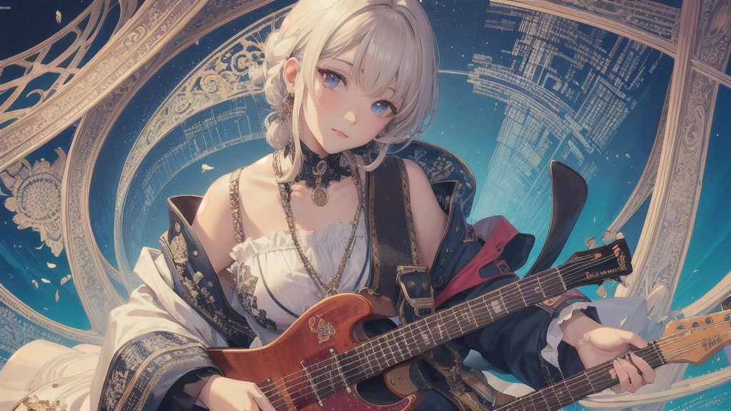(masterpiece, Highest quality, Highest quality, Official Art, beautifully、aesthetic:1.2), (Rock guitarist、Solo Play), Very detailed,(Fractal Art:1.3),colorful,Most detailed