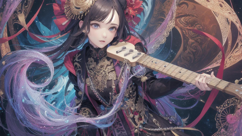 (masterpiece, Highest quality, Highest quality, Official Art, beautifully、aesthetic:1.2), (Rock guitarist、Solo Play), Very detailed,(Fractal Art:1.3),colorful,Most detailed