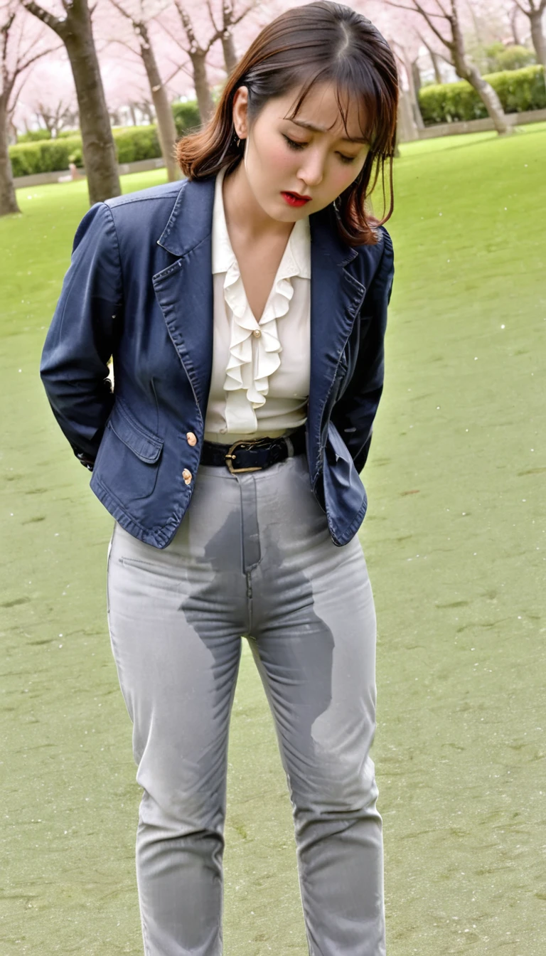 1woman,(masterpiece:1.8),photo-realistic,16k,(beautiful 40s japanese plump lady:1.3),(jacket,frilled blouse:1.4),belt,(denim pants:1.4),pumps,(whimpering:1.6),(panicking:1.6),(crying:1.7),(handing on wetting crotch with both hands:1.2),(park,cherry blossom tree,night:1.4),crowd,(wetting:1.3),(dripping pee:1.3),long hair,straight hair,black eyes,MILF,curvy,(huge breasts:1.2), makeup,lipstick,eyeliner,mascara,eyeshadow