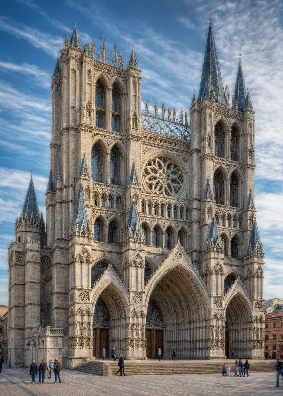 Raw photo, (best quality, masterpiece:1.2), (colorful glass), vivid color, white stone wall, daylight,the complex Gothic cathedral facade. (The church:1.2) has large pointed arches, ornate rose windows, high spires and many small towers. The building is richly decorated with intricate carvings, gothic motifs and flying pillars. The image is represented in a surreal style with precise lines, documenting the grandeur and complexity of Gothic architecture. There are small groups of people and steps leading to the large entrance, adding a sense of scale and realism to the scene.