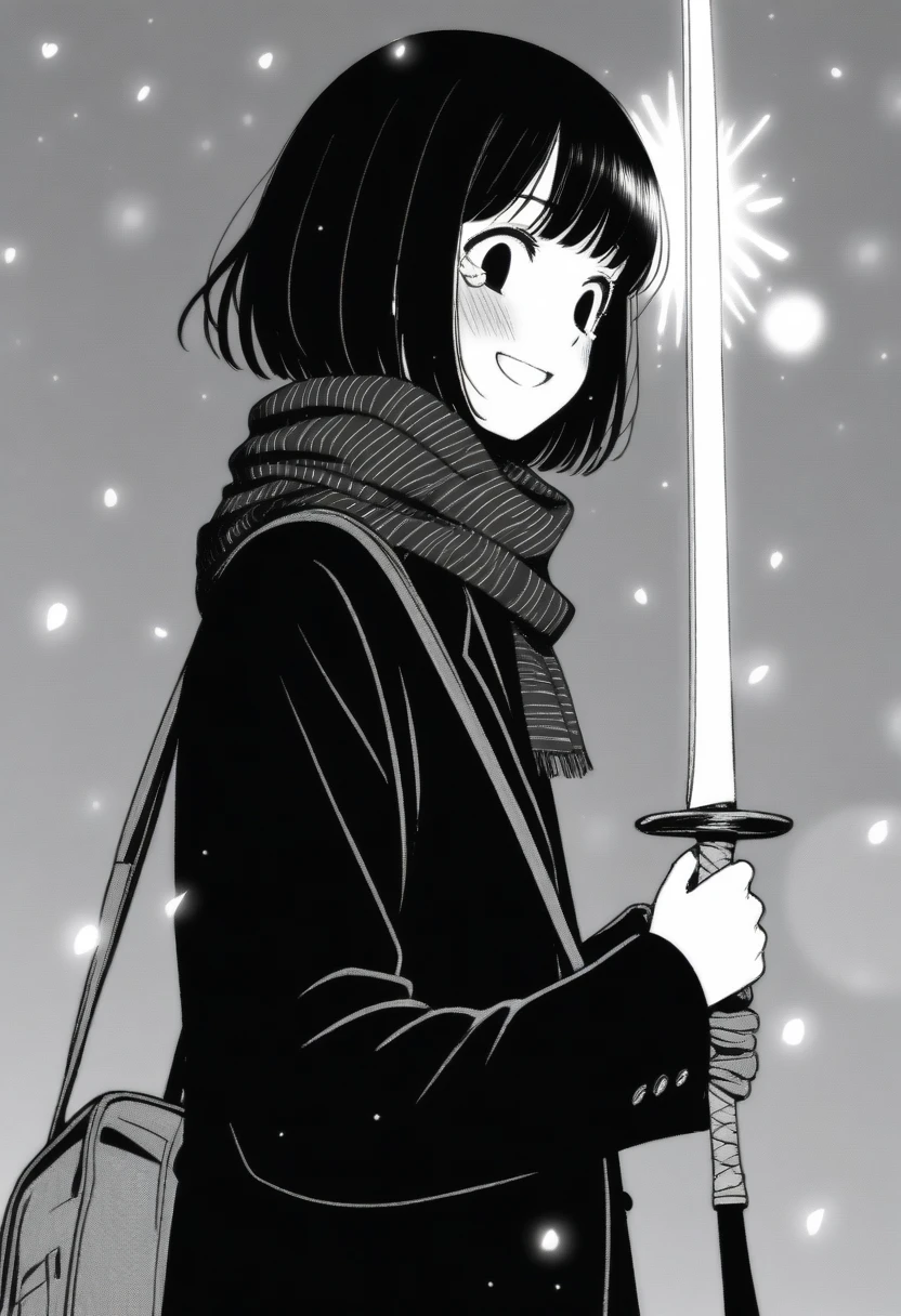 masterpiece, best quality, 1girl, mamerakkkkko, grayscale, manga style, japanese, chi no wadachi, black eyes, street, iced, black hair, schoolbag, smile, lineart, black coat, black scarf, black pleated skirt, leggings, centered, 18 years old, tall, fair skinned, bokeh background, crying, tears, tears streaming, bob cut, light particles, snowing, (((holding sword:1.1, perfect hand, detailed hand:1.1)), emotional anime scene