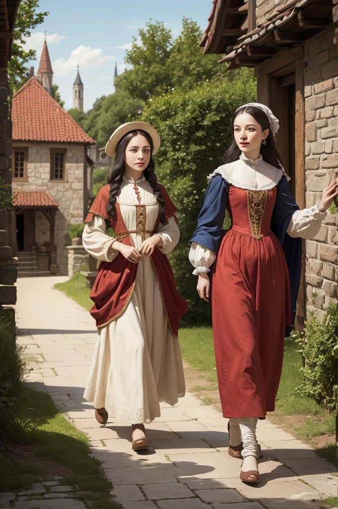 Two full-length women dressed in typical 16th-century costumes are walking and chatting happily. They are set in a medieval setting, and the style of the painting is similar to that of Leonardo da Vinci, with detailed attention to fabrics and facial expressions. Around them, three Dalmatian dogs play happily. The background shows a medieval setting with buildings and vegetation typical of the period.