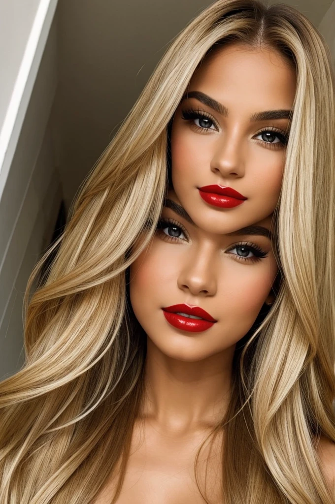 beautiful woman, latina, with long blonde hair, Red lips,